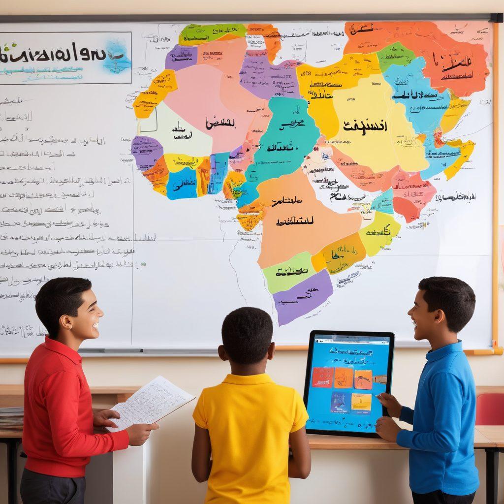 A vibrant classroom scene filled with diverse students joyfully engaging in Arabic grammar with colorful books and interactive whiteboards. A large map of the Arabic-speaking world hangs on the wall, while a cheerful teacher guides them with a smile. The atmosphere is lively, with speech bubbles showing Arabic words and grammar tips floating around. super-realistic. vibrant colors. 3D.