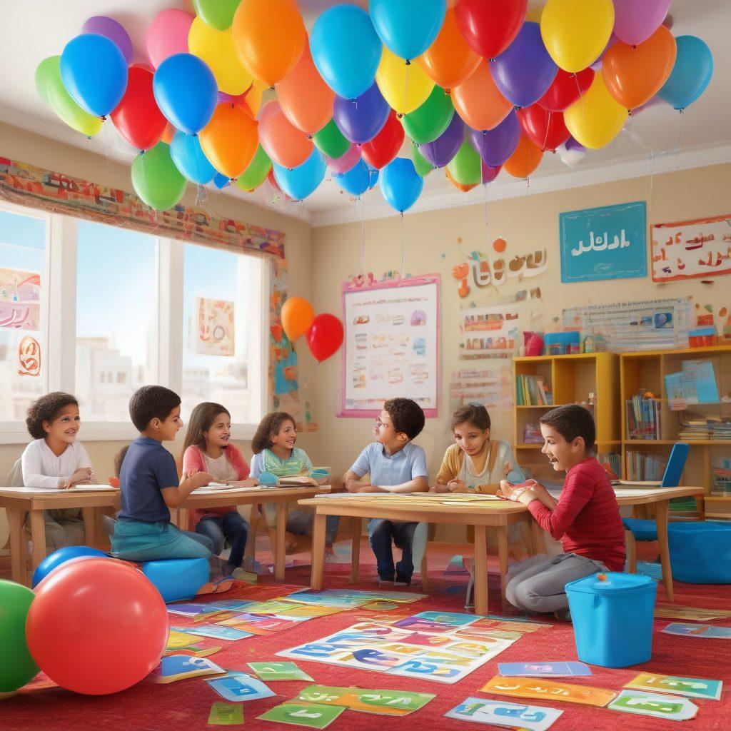 A colorful and engaging classroom scene showcasing diverse children joyfully participating in Arabic language activities, surrounded by fun learning tools like flashcards and books. The background features vibrant posters of Arabic letters and phrases, with playful elements like balloons and games enhancing the atmosphere of happiness and creativity. super-realistic. vibrant colors. 3D.