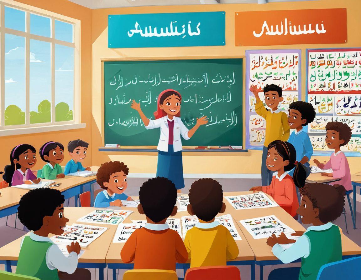 A vibrant classroom scene filled with diverse students joyfully engaging in learning Arabic, surrounded by colorful posters of Arabic letters and phrases. A teacher animatedly explaining concepts with visual aids, while students play interactive language games. The atmosphere is welcoming and cheerful, reflecting a sense of community and enthusiasm for learning. bright colors. cartoon style. dynamic composition.
